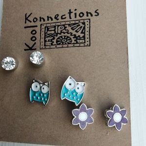 Kool Konnections  Girls Stud Owl, Flower and Jewel Stud Earrings